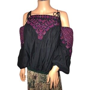Free People Black Purple Open Shoulder Long Sleeve Top/Blouse  size M